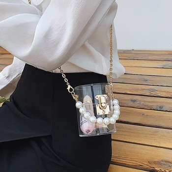Transparent Mini Pearl Tote taske 2020 Sommeren New Høj kvalitet PVC Kvinders Designer Håndtaske Kæde Skulder Messenger Taske Punge