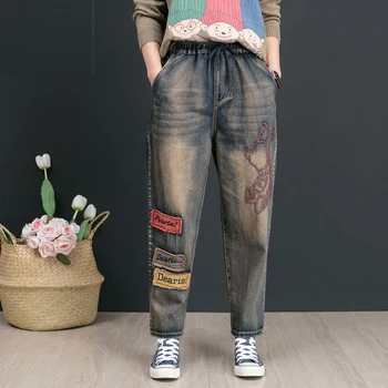 Efteråret Nye Arts-Stil Kvinder Jeans Plus Size Vintage Broderi, Patchwork Løs Bomuld Denim Harem Bukser I Høj Kvalitet D554