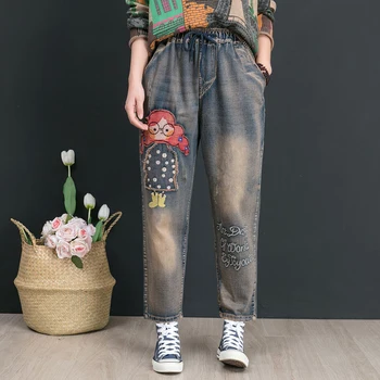 Efteråret Nye Arts-Stil Kvinder Jeans Plus Size Vintage Broderi, Patchwork Løs Bomuld Denim Harem Bukser I Høj Kvalitet D554