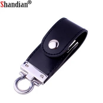 SHANDIAN Brun Læder USB 2.0 Flash Drive 4GB, 8GB, 16GB, 32GB, 64GB 128GB Nøglering Pen-Drev Reelle Kapacitet Memory Stick U Disk