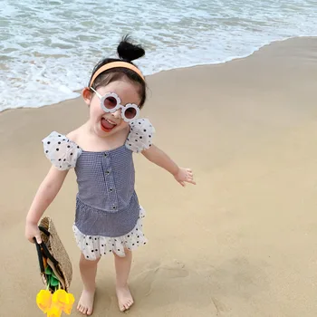 Sommeren Nye Ankomst koreansk stil tøj sæt søde mode-polka dot Boble ærme skjorte med splejsning plaid nederdel til søde pige