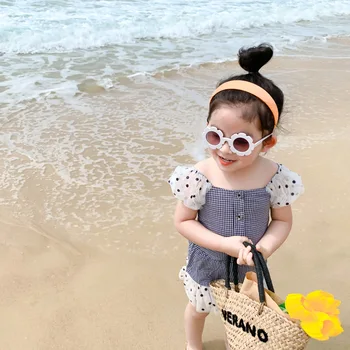 Sommeren Nye Ankomst koreansk stil tøj sæt søde mode-polka dot Boble ærme skjorte med splejsning plaid nederdel til søde pige