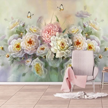 Brugerdefinerede Foto Væggen 3D Europæisk Stil, håndmalede Blomster Butterfly Kunst, oliemaleri Stue med Sofa, TV Baggrund Vægmaleri Tapet
