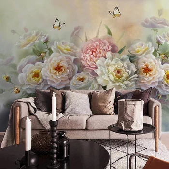 Brugerdefinerede Foto Væggen 3D Europæisk Stil, håndmalede Blomster Butterfly Kunst, oliemaleri Stue med Sofa, TV Baggrund Vægmaleri Tapet