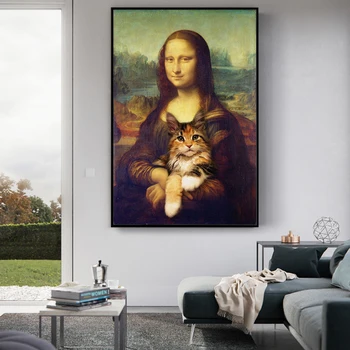Mona Lisa Holder Kat Sjov Kunst Lærred Malerier På Væg Kunst, Plakater Og Prints Da Vincis Berømte Art Billeder Cuadros