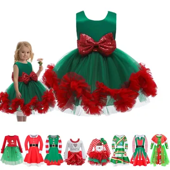 Børn Julefrokost Kjole Til Pige Blonder Bue Bolden Kjole Chidlren Grøn Rød Nytår Kostumer Santa Claus Print Tema Kostumer
