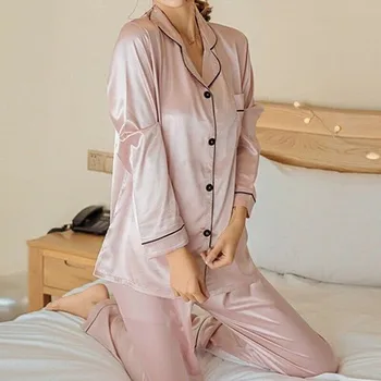 2 Stykke Efteråret Kvinder Nattøj Faux Silke Satin Pyjamas Sæt med Lange Ærmer Nattøj, Pyjamas, der Passer Kvindelige Homewear til Kvinder