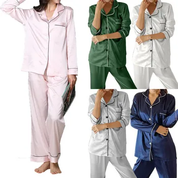 2 Stykke Efteråret Kvinder Nattøj Faux Silke Satin Pyjamas Sæt med Lange Ærmer Nattøj, Pyjamas, der Passer Kvindelige Homewear til Kvinder