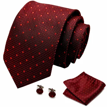 Designer prikkede Slips I Silke Tørklæder til Mænd 7,5 cm bred Business Bryllup Bånd Lommetørklæder Manchetknapper Sæt