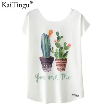 KaiTingu Sommer Nyhed Kvinder T-Shirt Harajuku Kawaii Søde Stil Kaktus Planter Print T-shirt Kort Ærme Toppe Størrelse M L XL