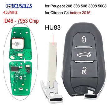 Keyless-Go 3 Knapper DS Smart Fjernbetjening nøgle 433MHz 7953 Chip for Peugeot 208 308 Og 508 Citroen C4 med Akut Nøglen HU83