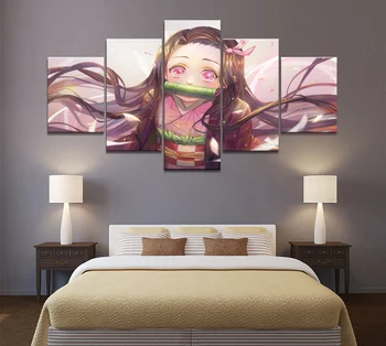 Art Wall Hjem Stue Indretning Maleri 5 Paneler HD-Billeder Anime Girl Billede Kamado Nezuko Vampire killer Plakat Animation
