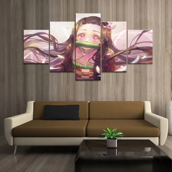 Art Wall Hjem Stue Indretning Maleri 5 Paneler HD-Billeder Anime Girl Billede Kamado Nezuko Vampire killer Plakat Animation