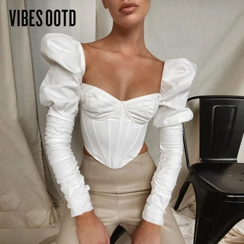 VIBESOOTD Firkantet Krave Vintage Mode Corset Kvinder Top og Bluse Shirts Elegante Pust langærmet Toppe Sexede Bluse Blusas
