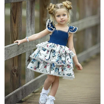 2-6 år Nye Design Baby Fashion Trykt Lagdelt Kjole Børn Piger Dejlige Tøj