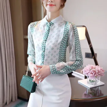Koreanske Kvinder Chiffon Shirts Kontor Dame Satin Prikkede Skjorte Kvinde Print, Bluser, Toppe Plus Size Kvinder Lange Ærmer Top