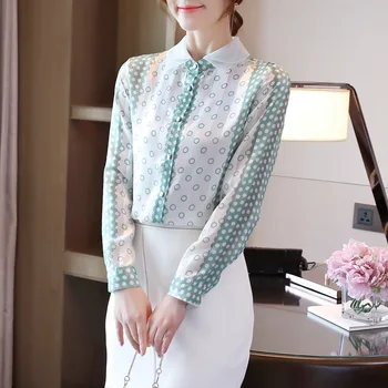 Koreanske Kvinder Chiffon Shirts Kontor Dame Satin Prikkede Skjorte Kvinde Print, Bluser, Toppe Plus Size Kvinder Lange Ærmer Top