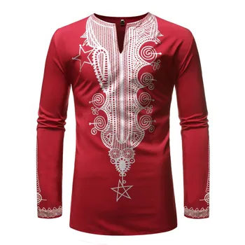 Rød V-Neck Afrikanske Dashiki Print Kjole Skjorte Mænd Afrikanske Tøj Med Lange Ærmer Camisa Masculina Streetwear Afslappet Afrikansk Tøj