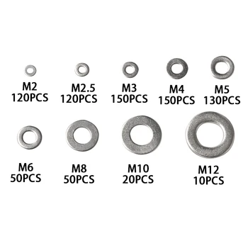 800Pcs M2/M2.5/M3/M4/M5/M6/M8/M10/M12 Rustfrit Stål Flade Spændeskiver Forsegling Metrisk Plain Ring Pakning Til Hardware Montering Kit