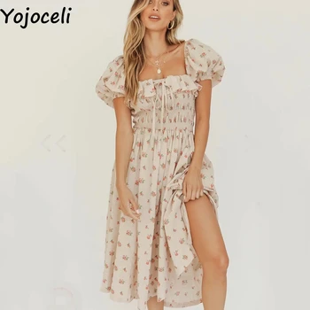 Yojoceli Elegante flæsekanter blomster print lang kjole kvinder Sommer party beach casual kjole kvindelige vestidos Cool, sexet daglige kjole