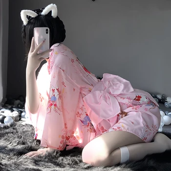 Japansk Kimono, Sexet Cosplay Uniform Til Kvinder Blød Silke Bælte 3stk Sæt Rød Pink Traditionel Stil Robe AV Kostumer Pyjamas 2020