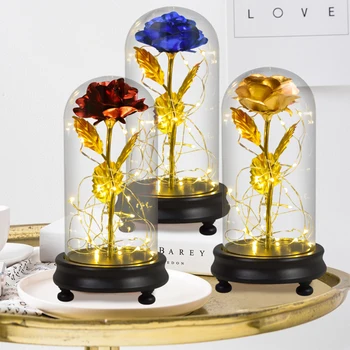 Skønheden og Udyret Guld Folie Galaxy Steg Blomst LED-Lys-Kunstige Blomster I Glas Kuppel Jul Valentine Gave til Piger