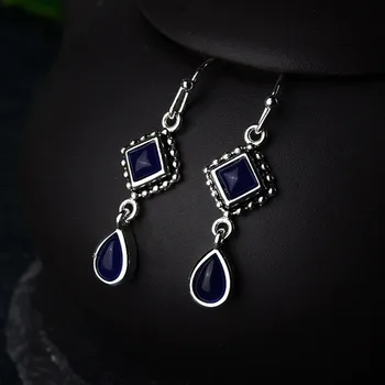 BLACK ANGEL-Pladsen Lapis Lazuli Gemstone 925 Sølv Dråbe Vand Pære-Formet Krog Øreringe, Mode Smykker Julegave