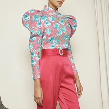 TWOTWINSTYLE Vintage Hit Farve Print Bluse For Kvinder Stå Krave Puff Ærmer Kinesisk Stil Korte Shirt Kvindelige Mode Nye Bølge