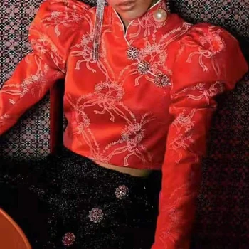 TWOTWINSTYLE Vintage Hit Farve Print Bluse For Kvinder Stå Krave Puff Ærmer Kinesisk Stil Korte Shirt Kvindelige Mode Nye Bølge