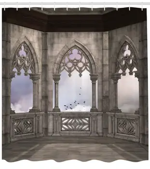 Gothic Indretning Samling Middelalderlige Sten Balkon med Curvings Grafisk Design Mystic midaldrende Legende, Historie Print Gardin