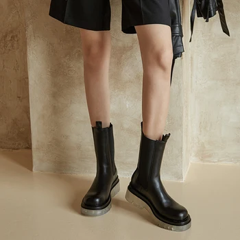 2020 Kvinder Chelsea Støvler i Ægte Læder Stilfulde Ankel Støvler Nye Fashion Sort Fladskærms Botas Mujer Damer Slip-on Korte Støvletter