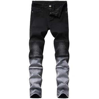 Nye Plisserede Motorcykel Jeans, Bukser til mænd Strække Slim Black Små Fødder mænds Jeans Trendy Mærke af Høj Kvalitet Jeans