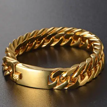 Luksus Golden Guld Farve 15mm Chunky Kæde Mænd Armbånd Miami Cubanske Bremse Kæde Herre Armbånd Til Mænd Indiske Smykker Gaver