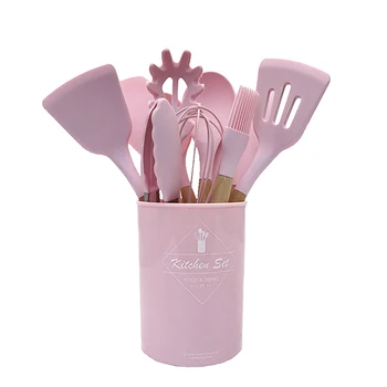 9 eller 12pcs Pink Madlavning Værktøjer Sæt Premium Silikone Køkken Køkkenredskaber Sæt med opbevaringsboks Turner Tang Spatel suppeske