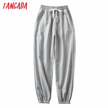 Tangada mode kvinders bukser grå cargo strethy talje bukser, løse bukser kvindelige joggere sweatpants streetwear TM2