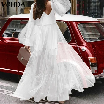 VONDA Plus Size Kvinder Lace Dress 2021 Forår, Sommer, Høj Talje Lanterne langærmet Hvid Maxi Lang Sexet Kjole Part Vestido