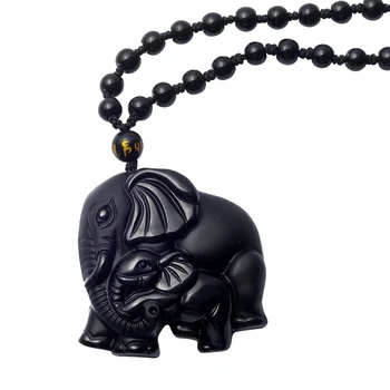 Naturlig Sort Obsidian Håndskårne Halskæde Søde Elefant Casual Heldig Vedhæng Perler Choker Smykker