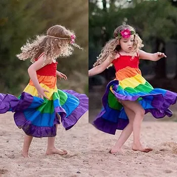 Boho Børn Piger Rainbow Kjole uden Ærmer Strap Bælte Part Pageant Princess Kjole Stribet Lang Mid-Kalv Kjole Strand Tøj 2-7Y
