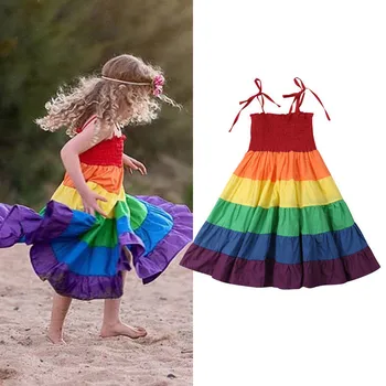 Boho Børn Piger Rainbow Kjole uden Ærmer Strap Bælte Part Pageant Princess Kjole Stribet Lang Mid-Kalv Kjole Strand Tøj 2-7Y
