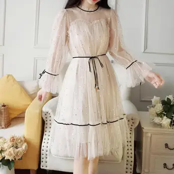 Elegant Kjole fransk Retro Stjerne Sexet Mode Fairy Dress Flare Ærmet Blonder O-hals Solid Farve Saml Talje Plus Size Vestidos