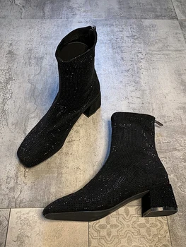 Kvinders sko ankel støvler 2020 efteråret og vinteren, nye mode lynlås blinkende diamant sequined firkantet tå, mid-hæl støvler