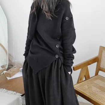 [EAM] Asymmetrisk Sort Strik Cardigan Sweater Løs Tørklæde Krave Lange Ærmer Kvinder Nye Mode Efterår og Vinter 2021 1DD3103