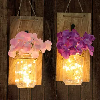 1 Sæt Glas Mason Jar LED kulørte Lamper Smuk Kunstig Blomst Væg Hængende Lys Rustik Kunst Fest Bryllup Home Decor
