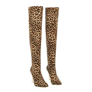 Super højhælede leopard Sokker Støvler Kvinder Over knæhøje Støvler Sko Kvinde, Efterår, Vinter Varm Lange Støvler Plus Størrelse 43