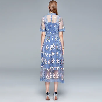 COIGARSAM fransk Stil Broderi Kvinder Lang kjole Blomstret Print Kjoler Blå 9816