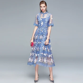 COIGARSAM fransk Stil Broderi Kvinder Lang kjole Blomstret Print Kjoler Blå 9816