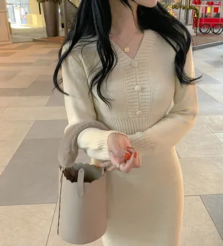2020 Koreanske Chic V Hals Bodycon Dress Kvinder Vestidos Mujer Slank Talje Lange Ærmer Strikket Kjoler Kvindelige Solid Farve