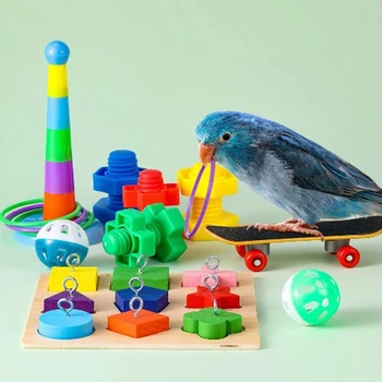 9Pcs Bird Uddannelse Legetøj Sæt Parrot Træ-Blok Puslespil, Toy Stable Farve Ring Skateboard Møtrikker, Bolte Fod Bold Legetøj Fouragerings-Toy