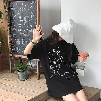 Sommer Nyt Kvinder kortærmet T-shirt Mønster Print-O-Neck Tee Stor Størrelse Kvindelige Lang Bunden Shirt Losse Harajuku Top 641
