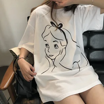 Sommer Nyt Kvinder kortærmet T-shirt Mønster Print-O-Neck Tee Stor Størrelse Kvindelige Lang Bunden Shirt Losse Harajuku Top 641